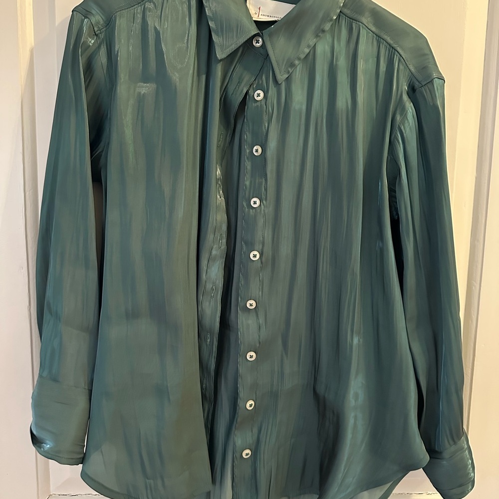 By Anthropologie Silky Iridescent Button Down Shirt Dark Green Crinkled